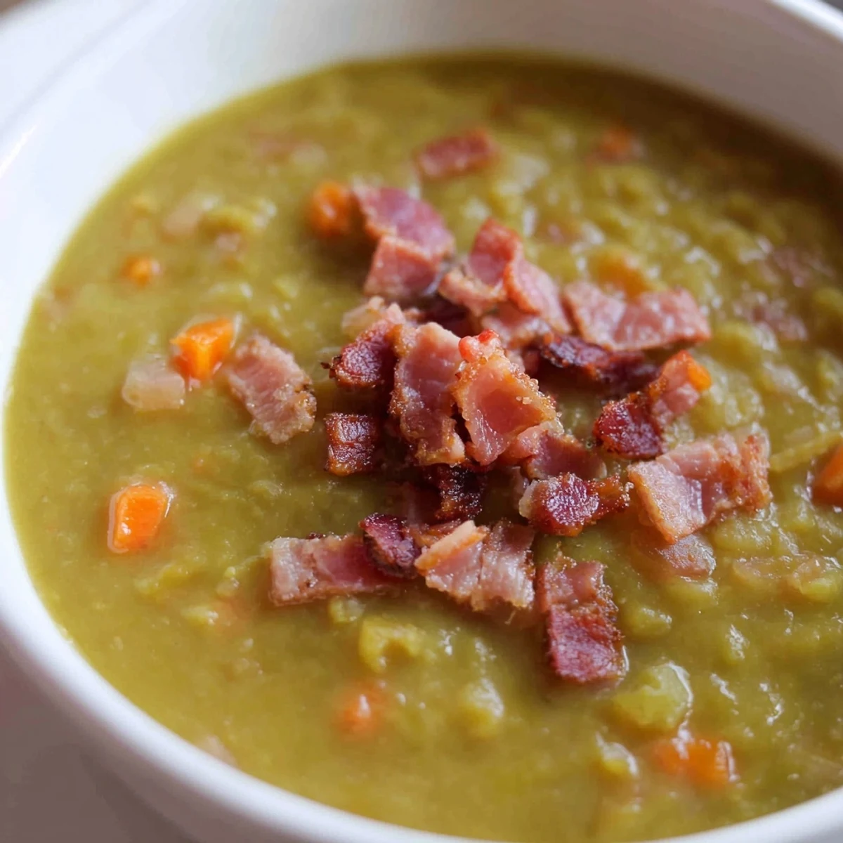 Homemade split pea soup with canned ham, a rich, creamy soup for a cold winter evening.