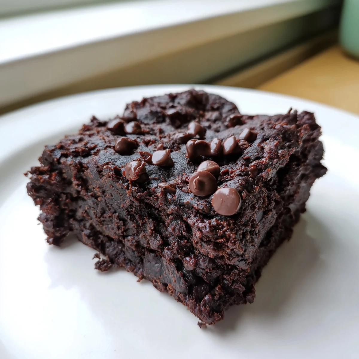 Black Bean Brownies, dark and fudgy, are topped with extra chocolate chips, ready to enjoy.