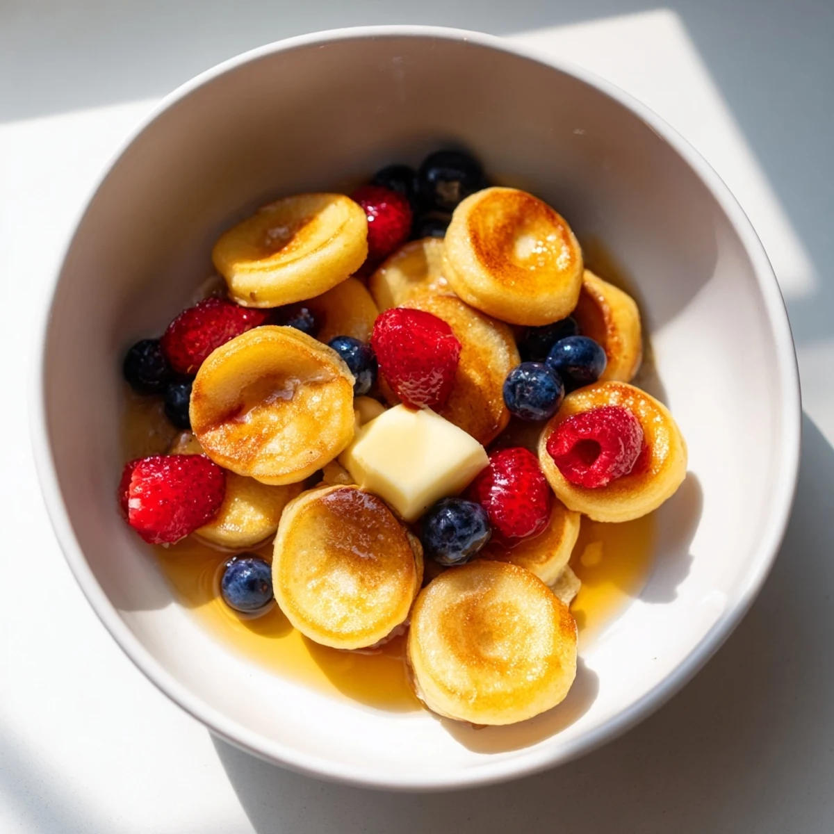 Fluffy Pancake Cereal swimming in maple syrup with fresh berries, a delightful breakfast.