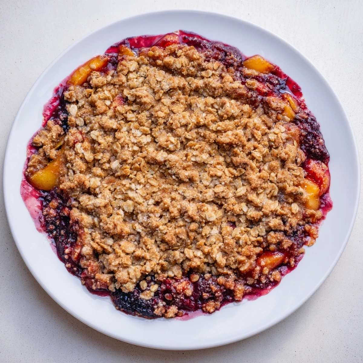 A close-up image of a bubbly Fruit Crisp with a crispy oat topping, ready to serve warm.