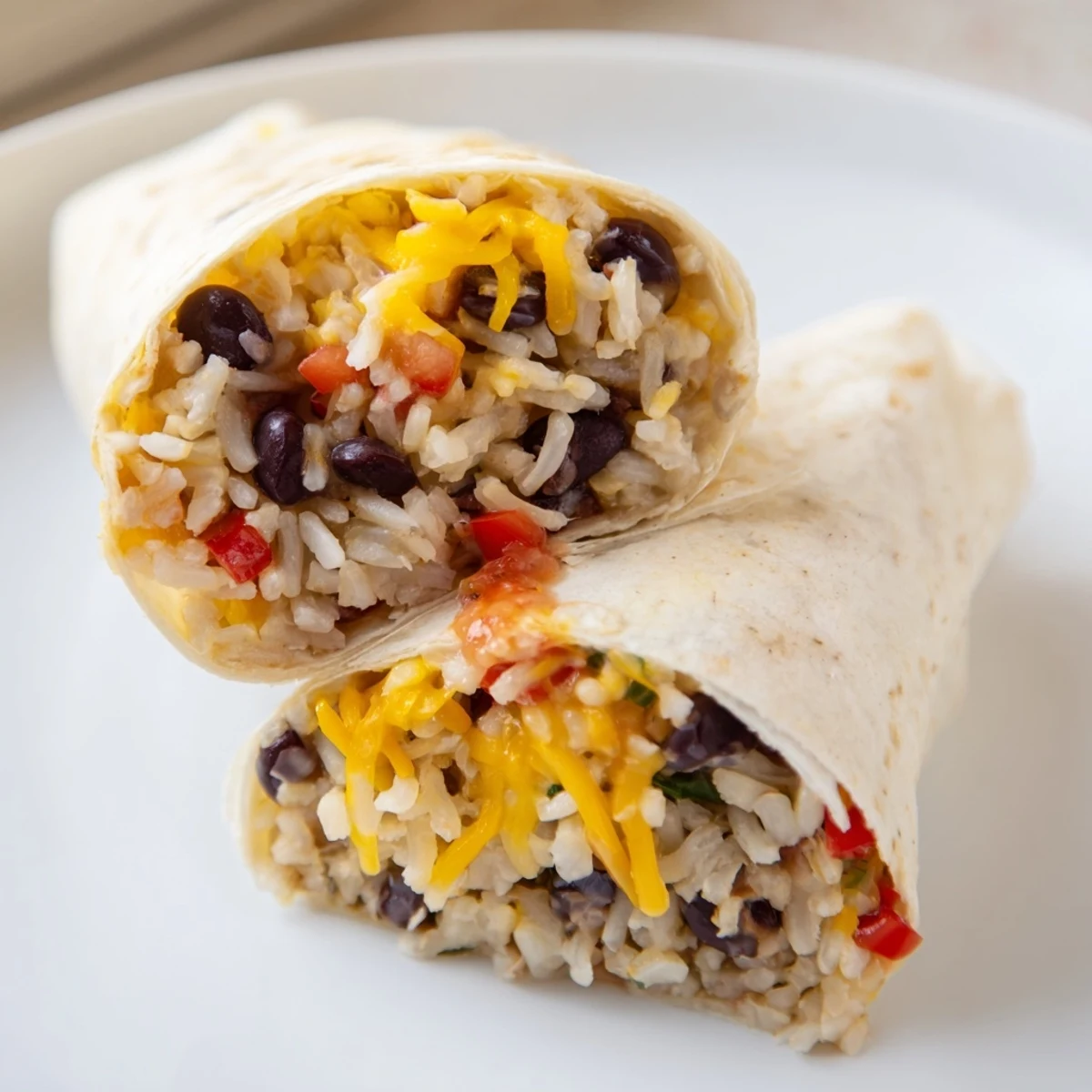 Steaming plate with a freezer-friendly burrito, filled with rice, beans, and fresh salsa flavors.