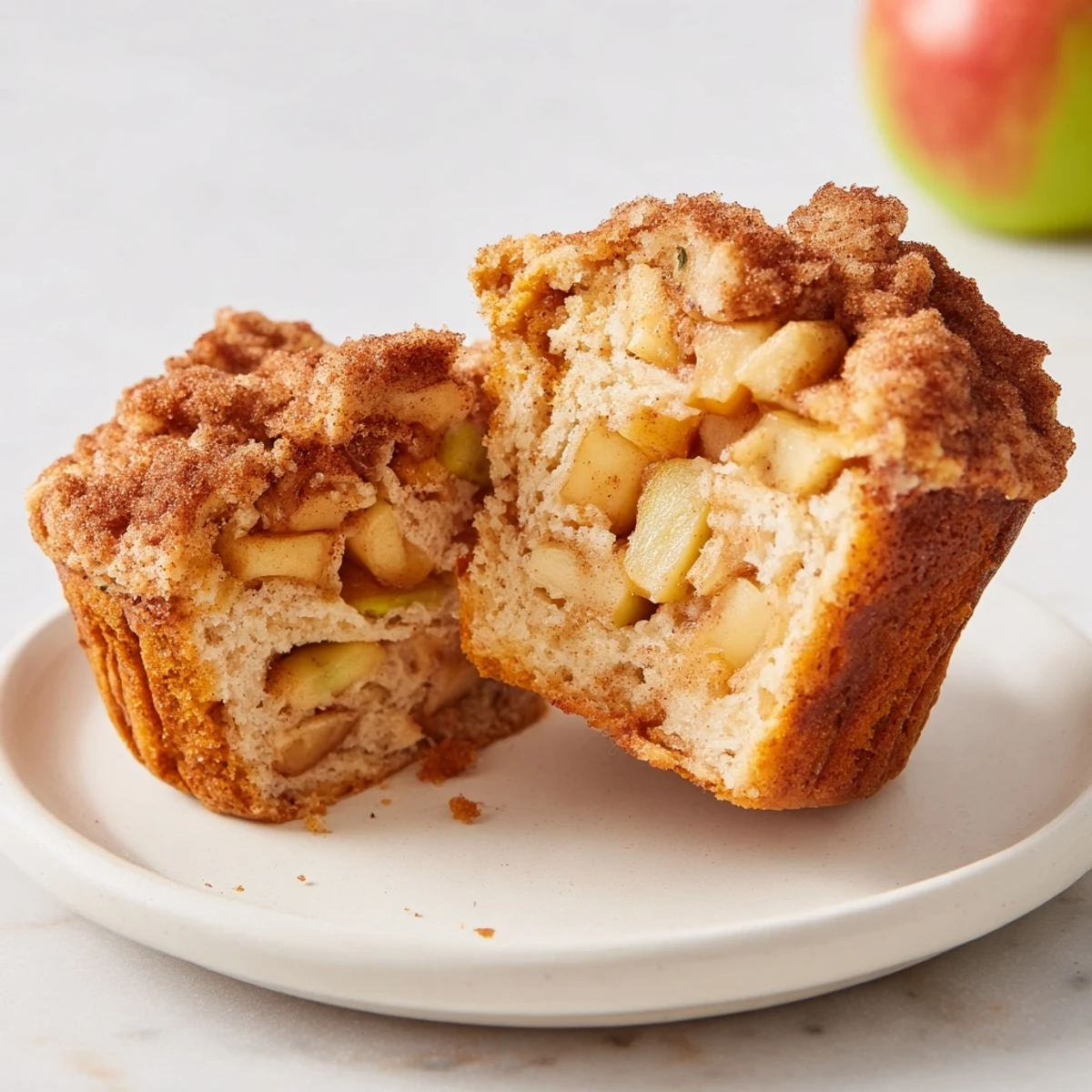 Golden-brown Cinnamon Apple Muffins, fresh from the oven, with a sweet cinnamon sugar topping.