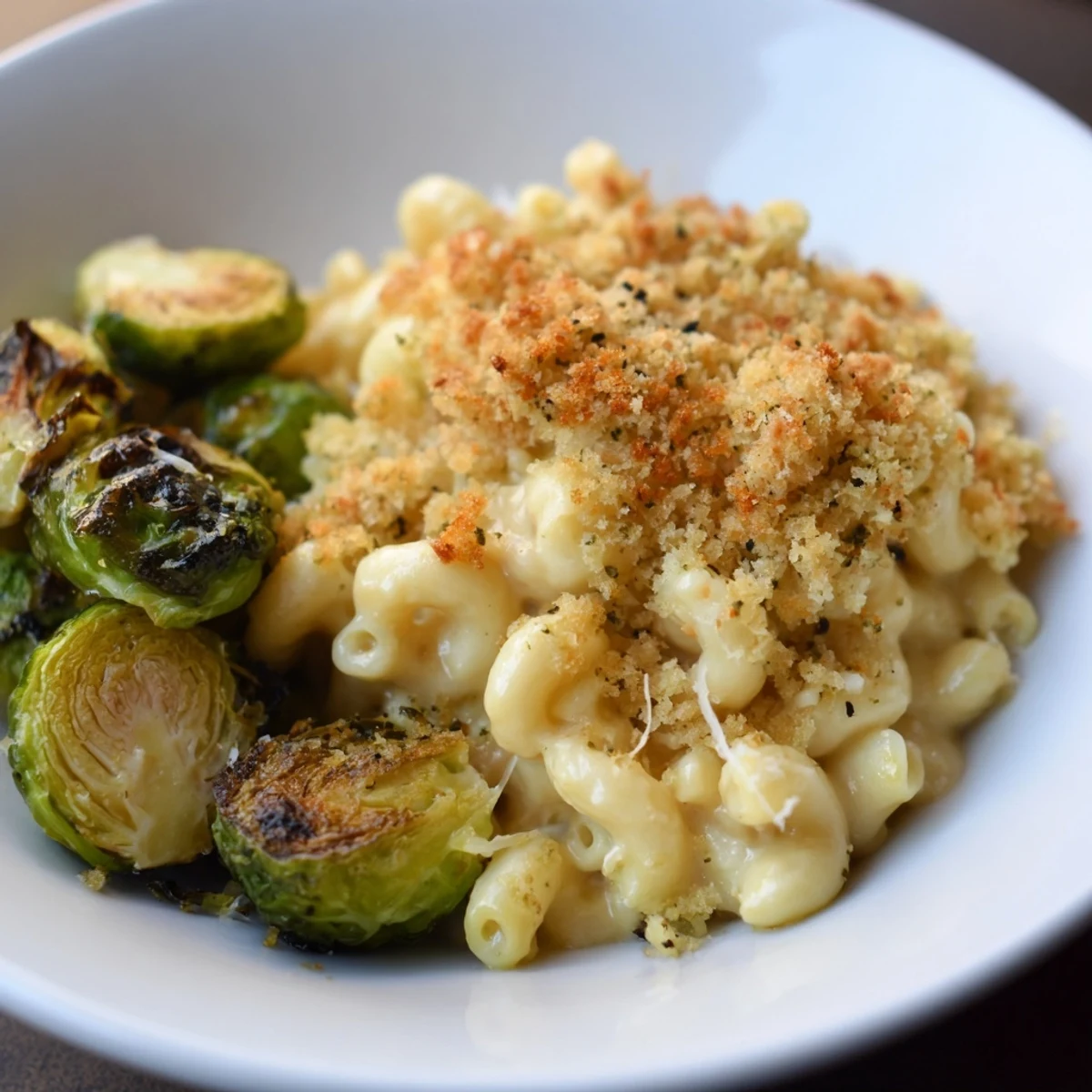Golden, bubbly sheet pan mac and cheese with perfectly roasted Brussels sprouts, ready to serve.