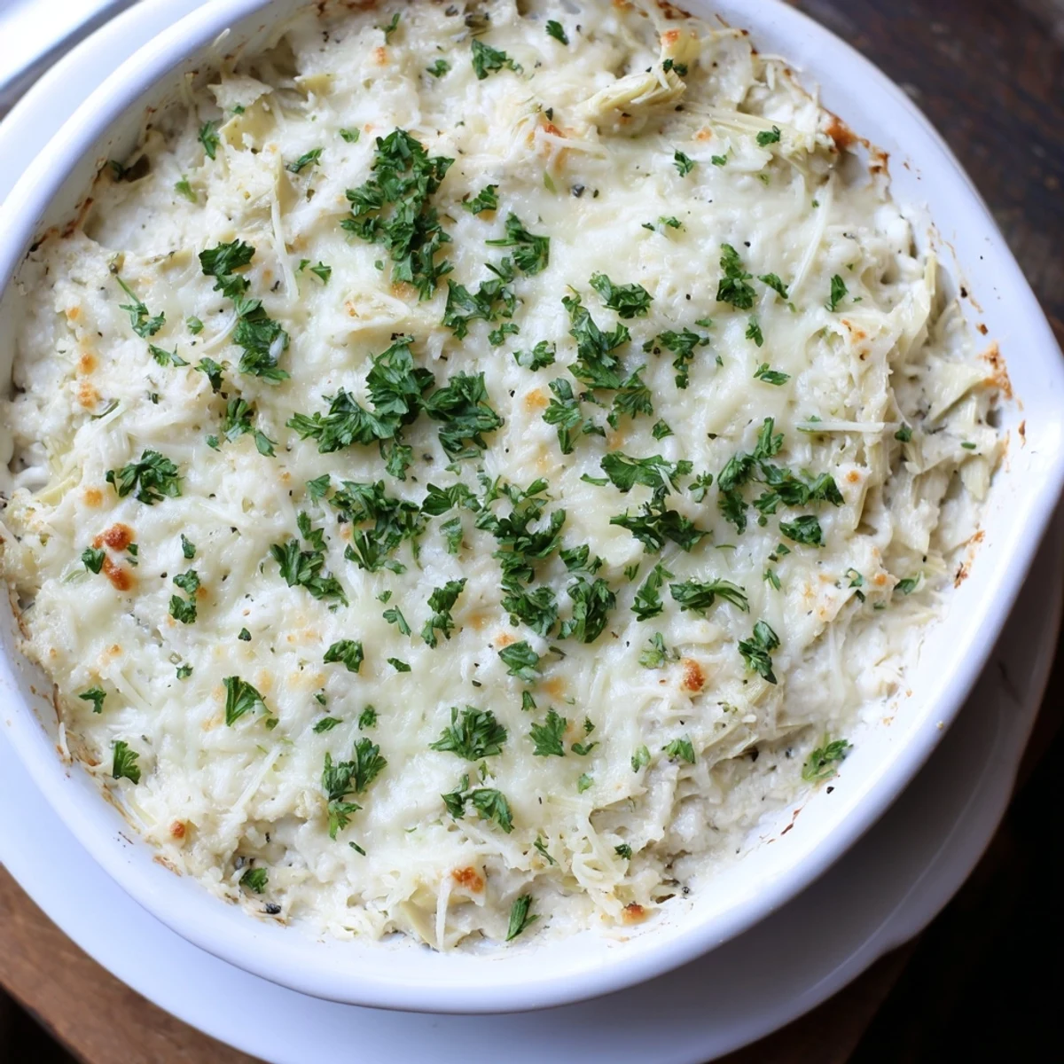 Warm Baked Artichoke Dip, invitingly served, has a layer of melted cheese, perfect with crackers.