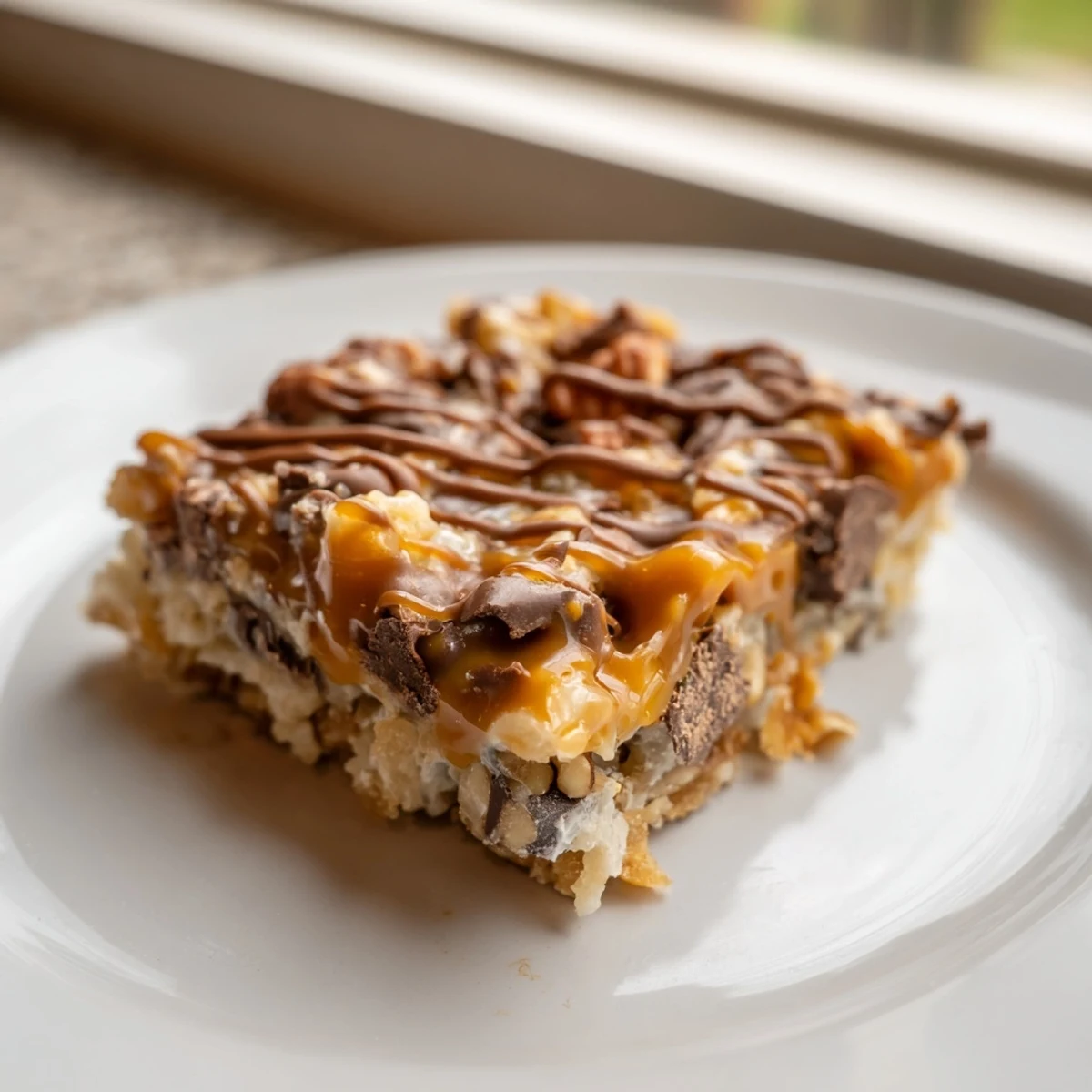 Warm, gooey 7-Layer Magic Bars with a drizzle of glistening salted caramel, ready to enjoy.