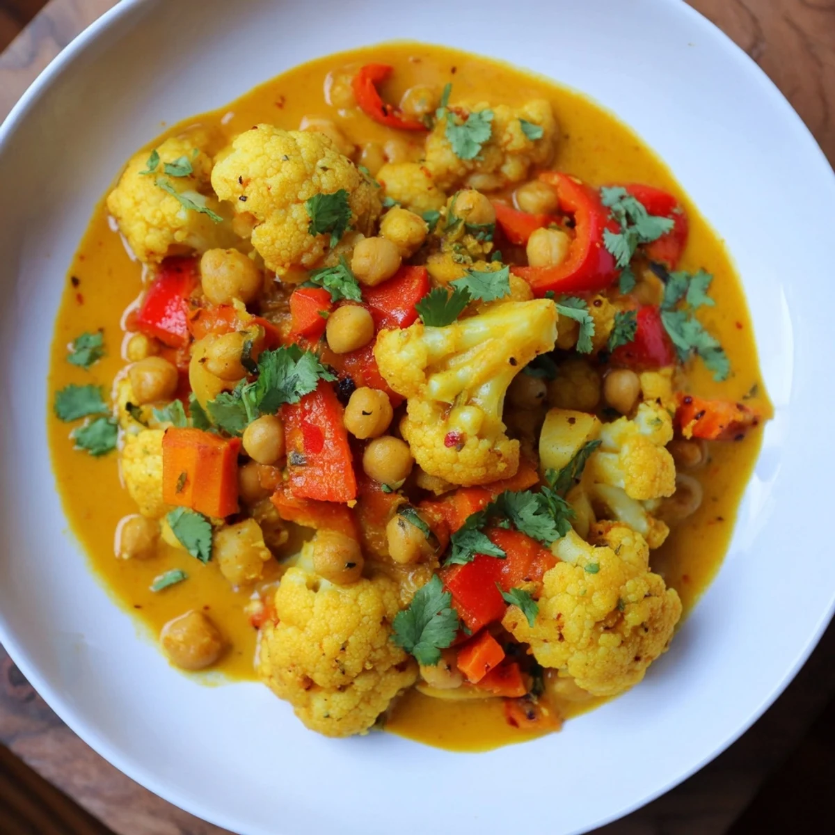 Warm, comforting bowl of Curried Cauliflower and Chickpea Coconut Stew, perfect for a vegan, gluten-free dinner.