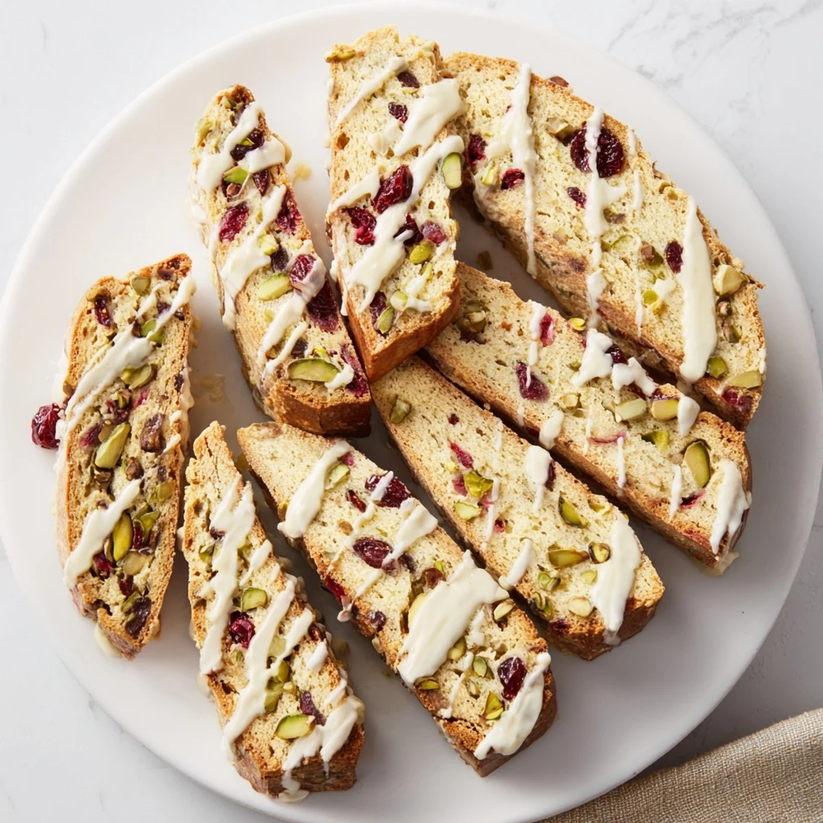 Golden-brown White Chocolate Cranberry Pistachio Biscotti, perfect for sharing with friends and family.
