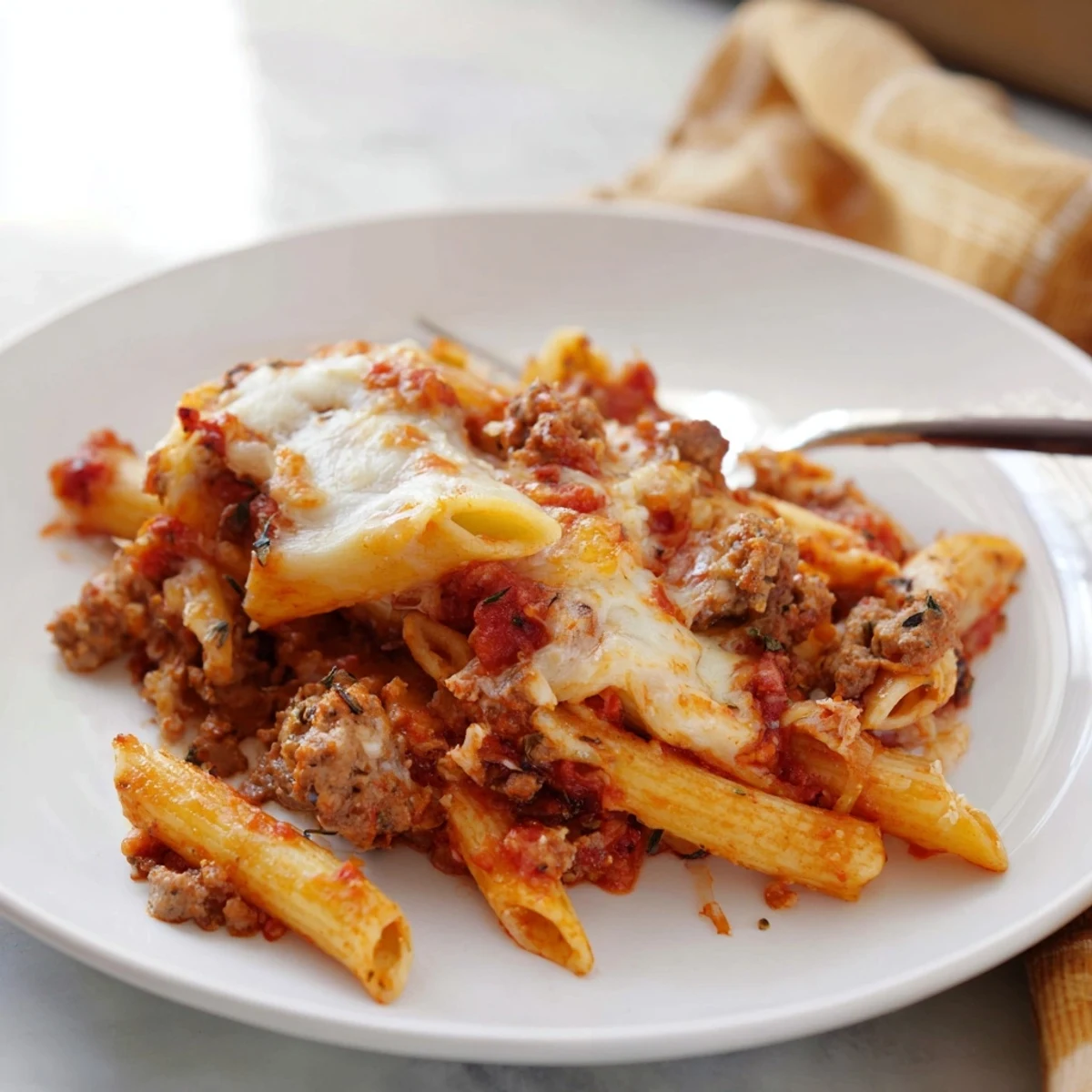 A bubbly, golden-brown Budget Sausage and Cheese Pasta Bake fresh from the oven, ready to serve.