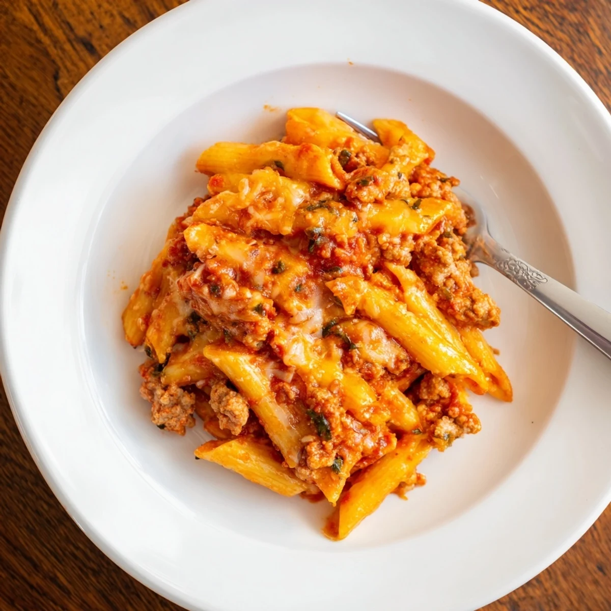 Melting mozzarella covers the rich tomato sauce and sausage in this delicious pasta bake.