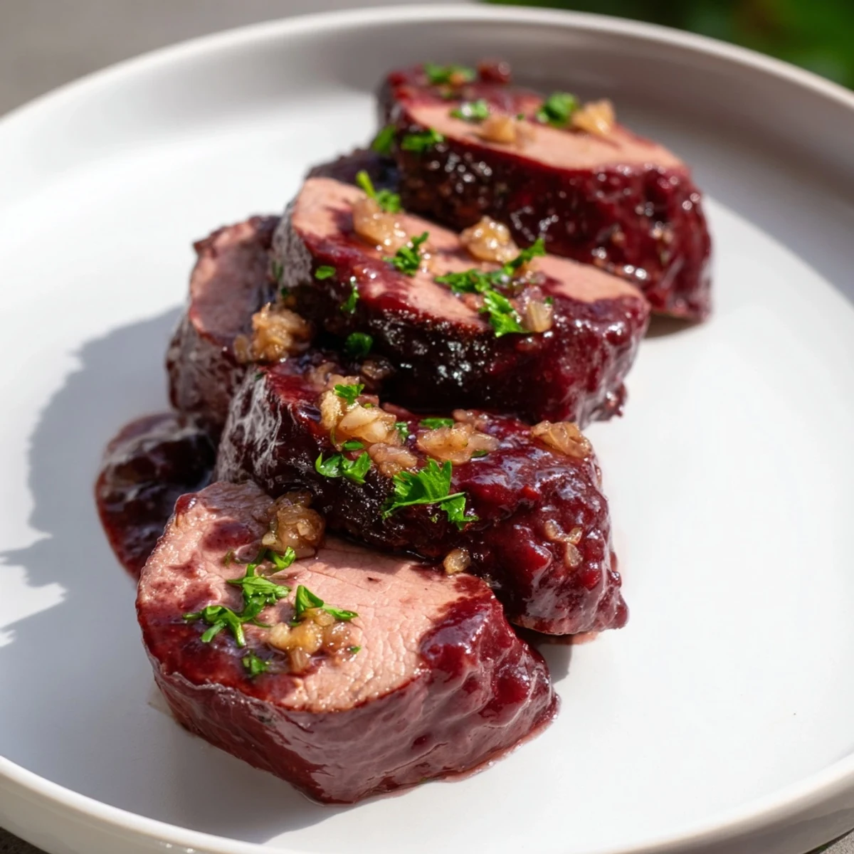 Close-up shot shows a beautifully presented Tart Cherry Date Glazed Pork Tenderloin, with sticky, delicious glaze.