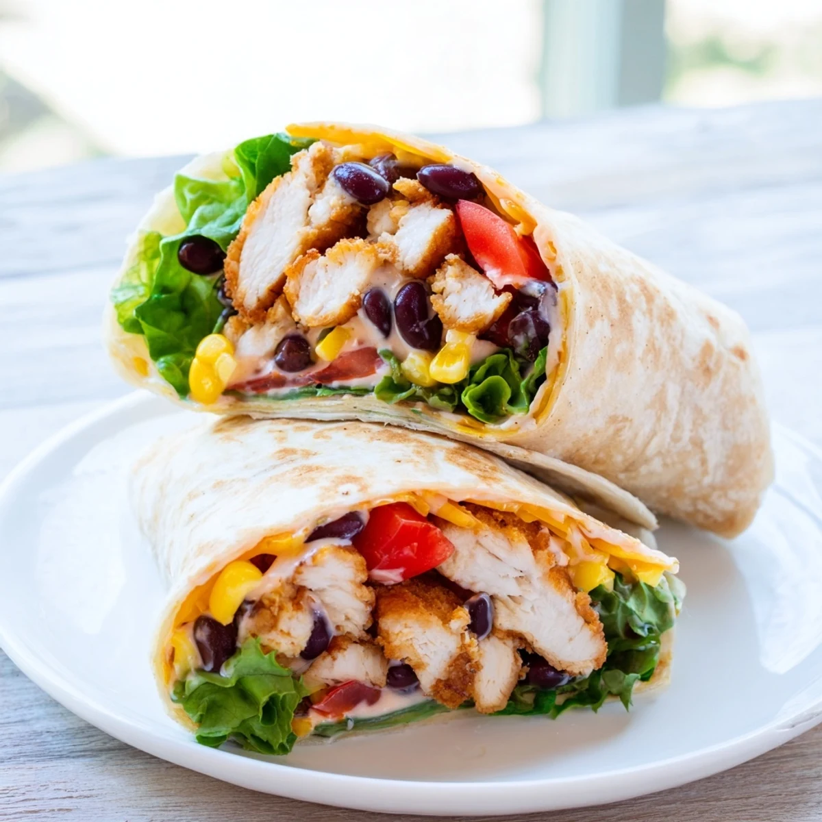Close-up of a colorful Southwest Chicken Wrap, ready to eat, with visible fillings and textures.