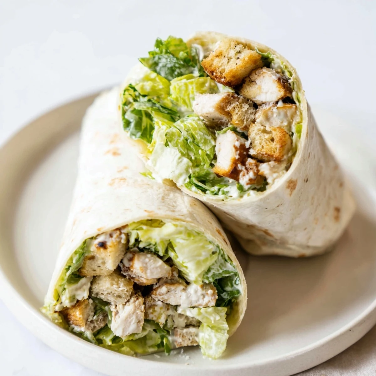 Chicken Caesar Wraps, bursting with fresh lettuce, juicy chicken, and creamy Caesar dressing, ready to eat.