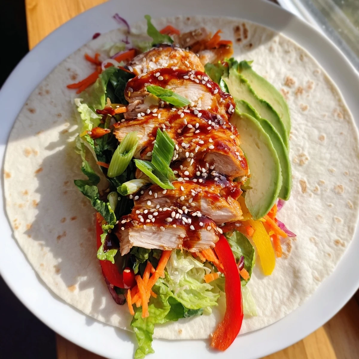 Succulent teriyaki chicken wrap, with visible layers of colorful veggies and tender, sliced meat, ready to eat.