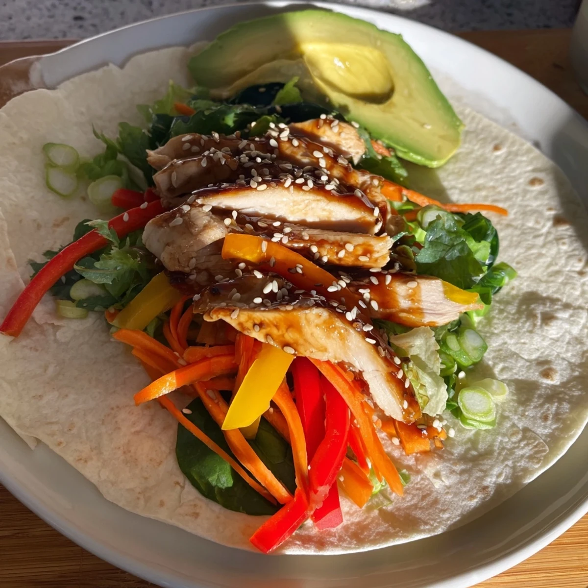 A delicious teriyaki chicken wrap, showing a cross-section revealing ingredients like lettuce and carrots, and perfectly rolled.