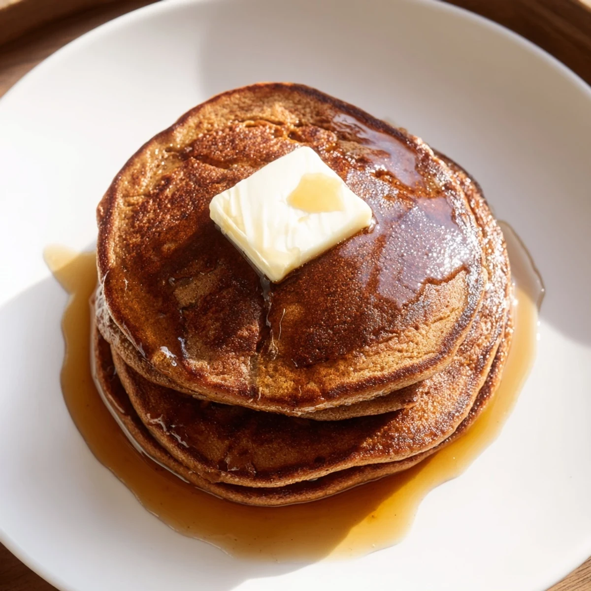 Stack of gingerbread pancakes with visible spices, ready to be enjoyed with butter and maple syrup.