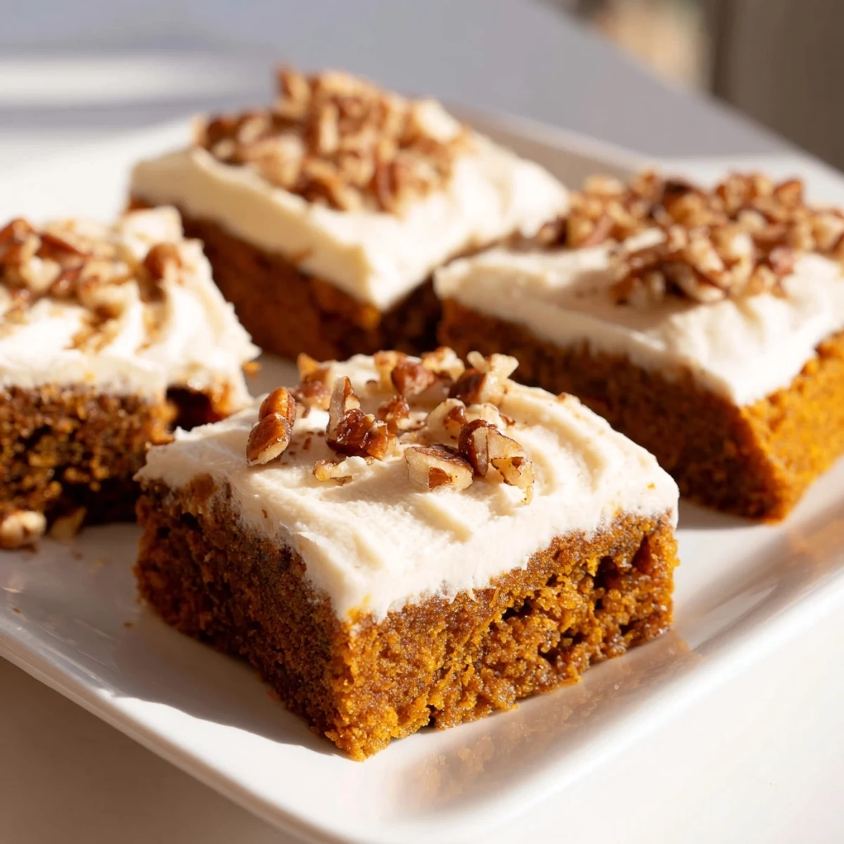 Close-up of frosted pumpkin bars, showing the creamy frosting and inviting spices.
