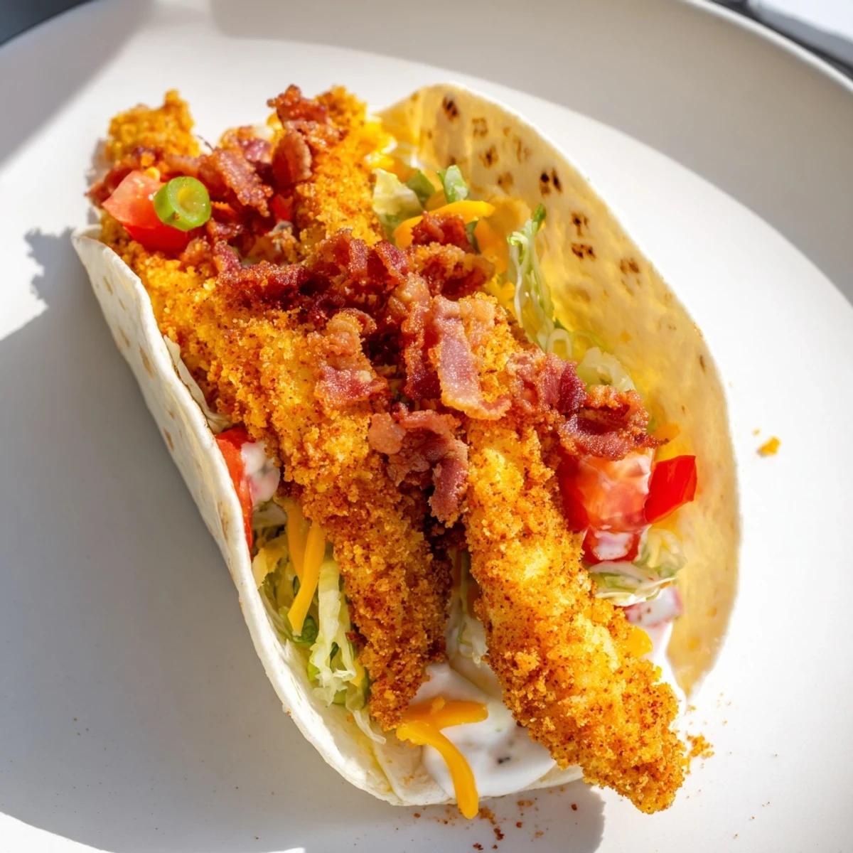 A close-up of a perfectly wrapped Crispy Chicken Bacon Ranch Wrap, showcasing layers and fresh ingredients.