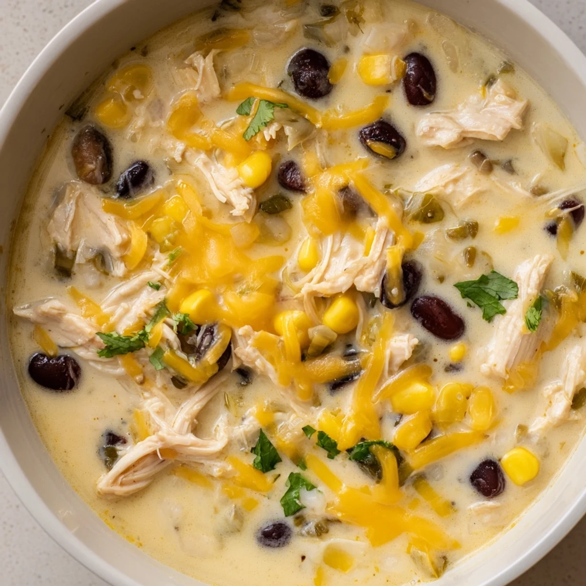 A steaming bowl of Chicken Poblano Soup, featuring tender chicken and roasted peppers, looks delicious.