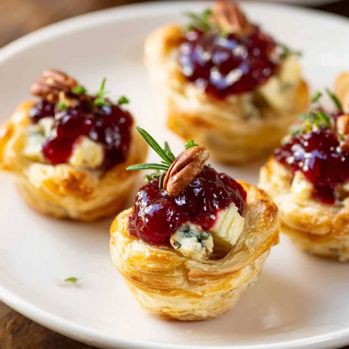 Express Cranberry Sauce Brie Bites, golden pastry cups with melted Brie and vibrant cranberry sauce.