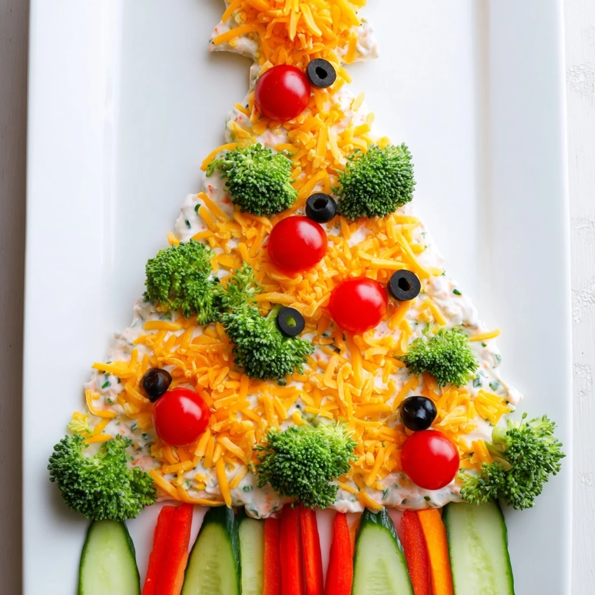 A beautiful Christmas tree made of creamy dip and fresh vegetables; try this Simplified version.