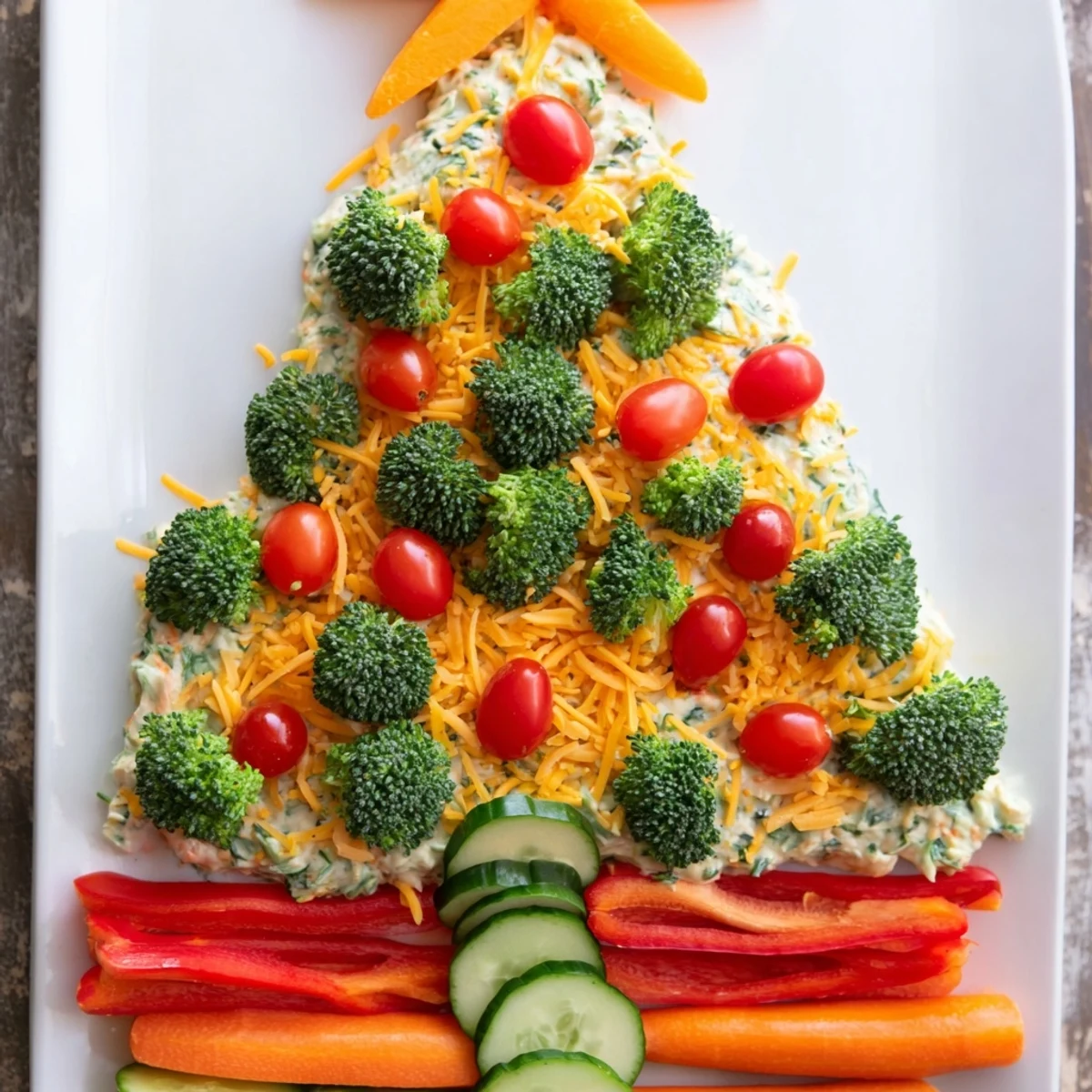 Festive Simplified Christmas Tree Dip arranged on a platter, perfect for holiday snacking with crackers.
