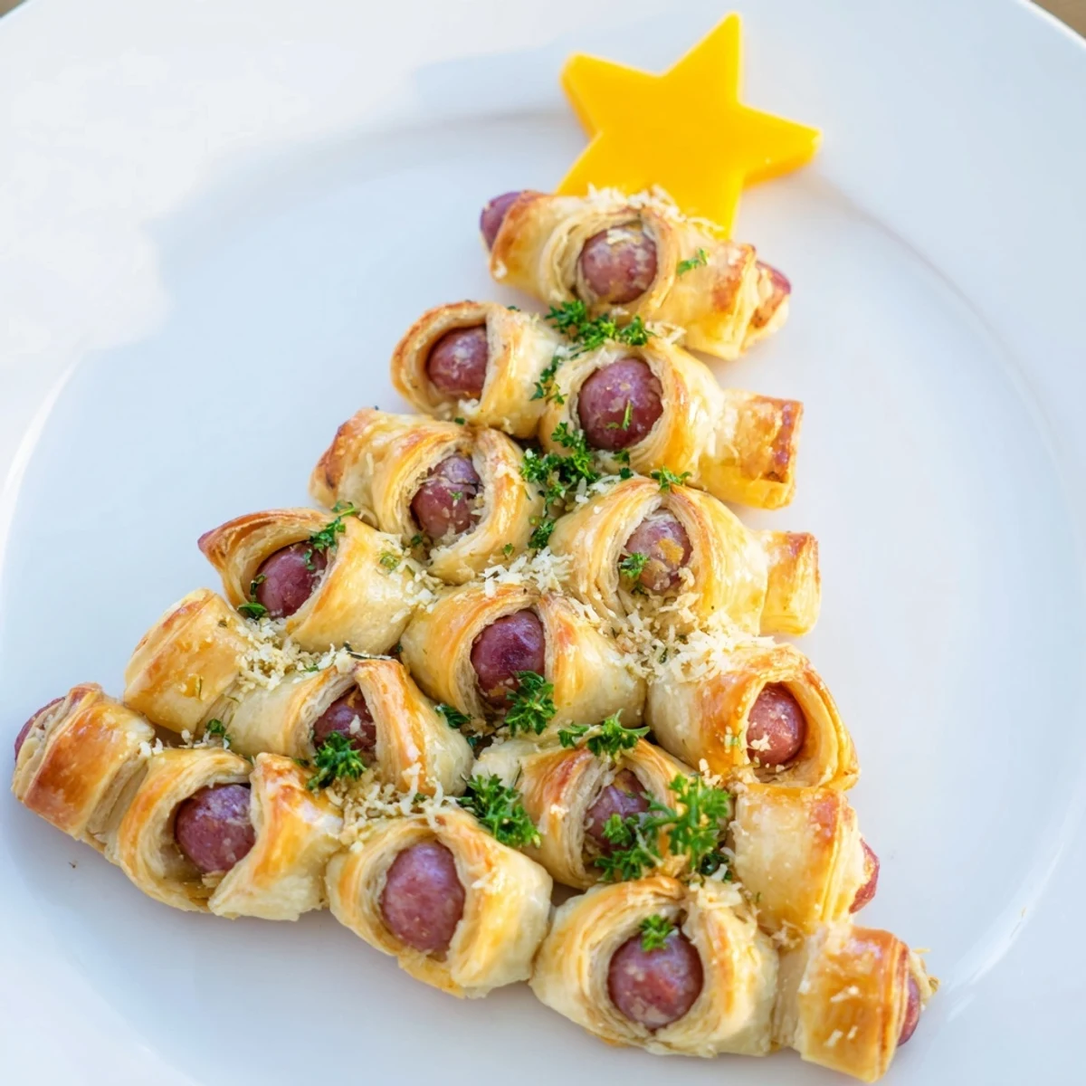 Golden-brown Express Pigs in Blanket Christmas Tree arranged with a cheesy star, ready for holiday snacking.