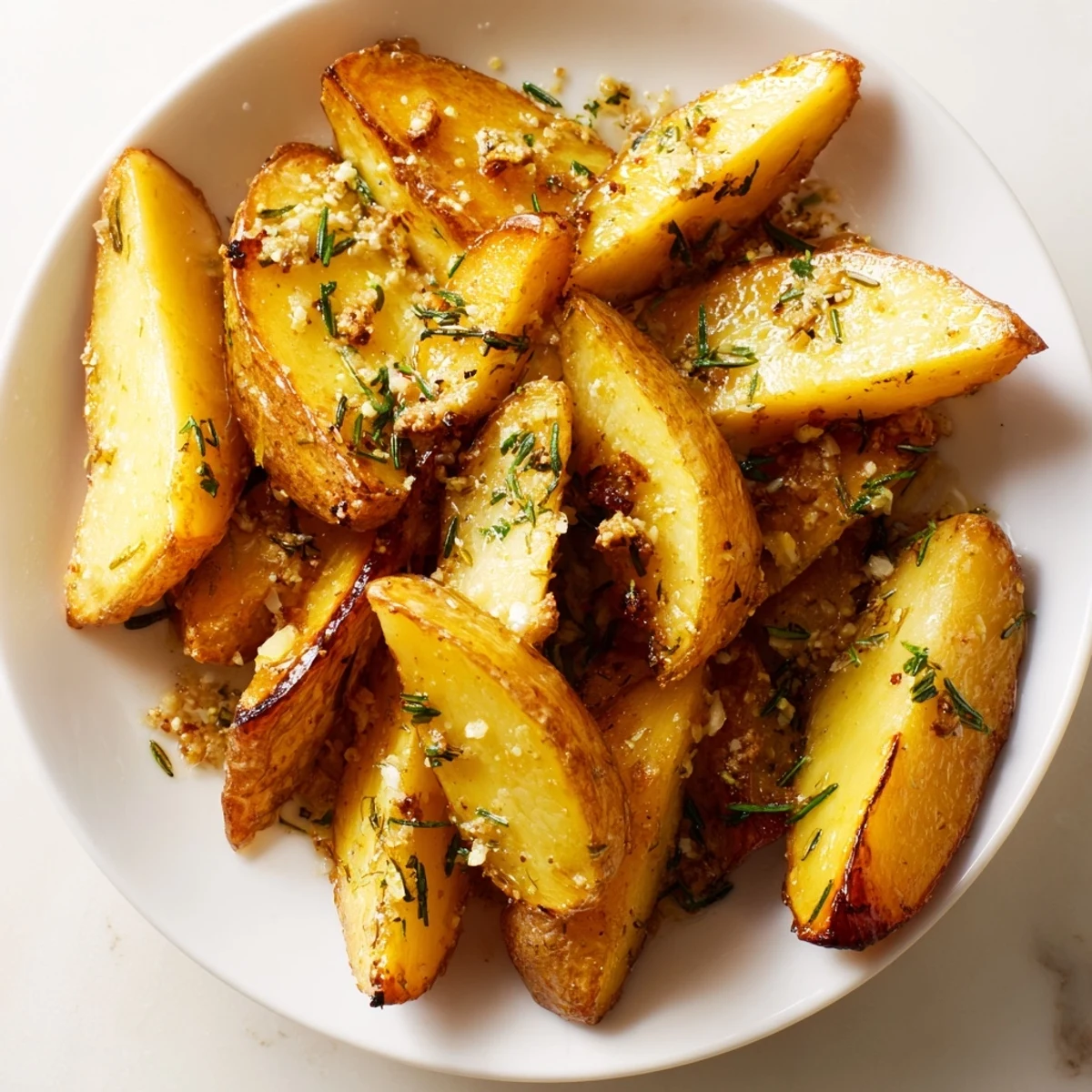 Fragrant rosemary clings to golden-brown Quick Rosemary Roast Potato Wedges, a perfect side dish.