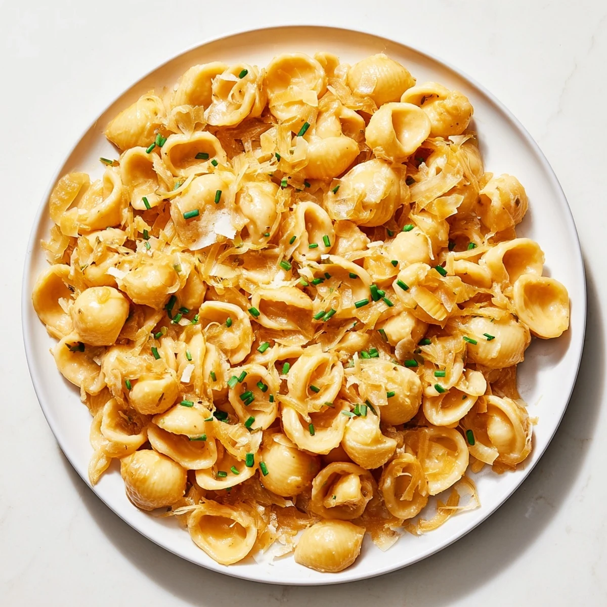 Golden brown, caramelized onions in a creamy French Onion Ditalini pasta dish, topped with melted cheese.