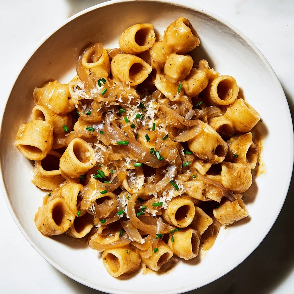 A close-up of creamy French Onion Ditalini, beautifully coated pasta with bubbly, golden cheese and herbs.