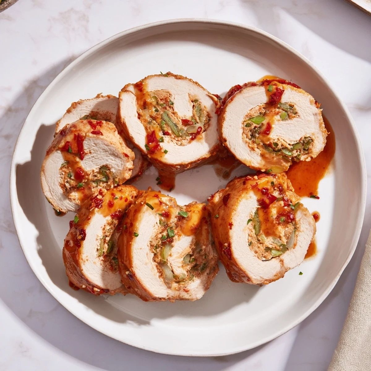 Close-up of baked Marry Me Chicken and Stuffing Roulades; the dish is ready to serve.