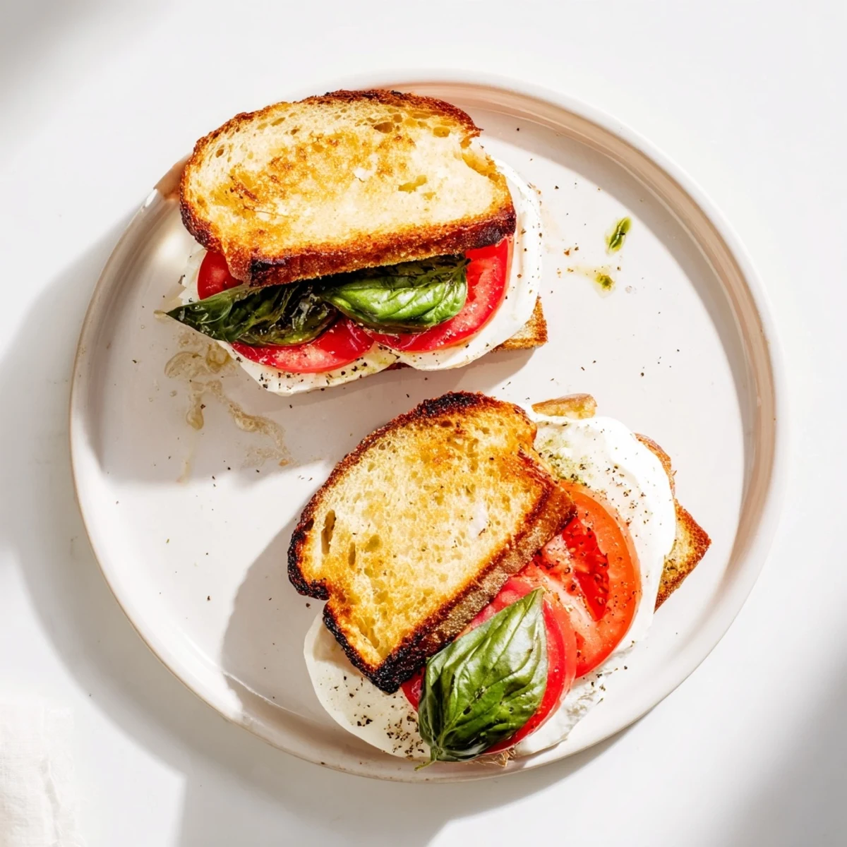 Golden, melty Tomato Basil Burrata Stuffed Grilled Cheese sandwich shown, oozing creamy cheese and tomatoes.