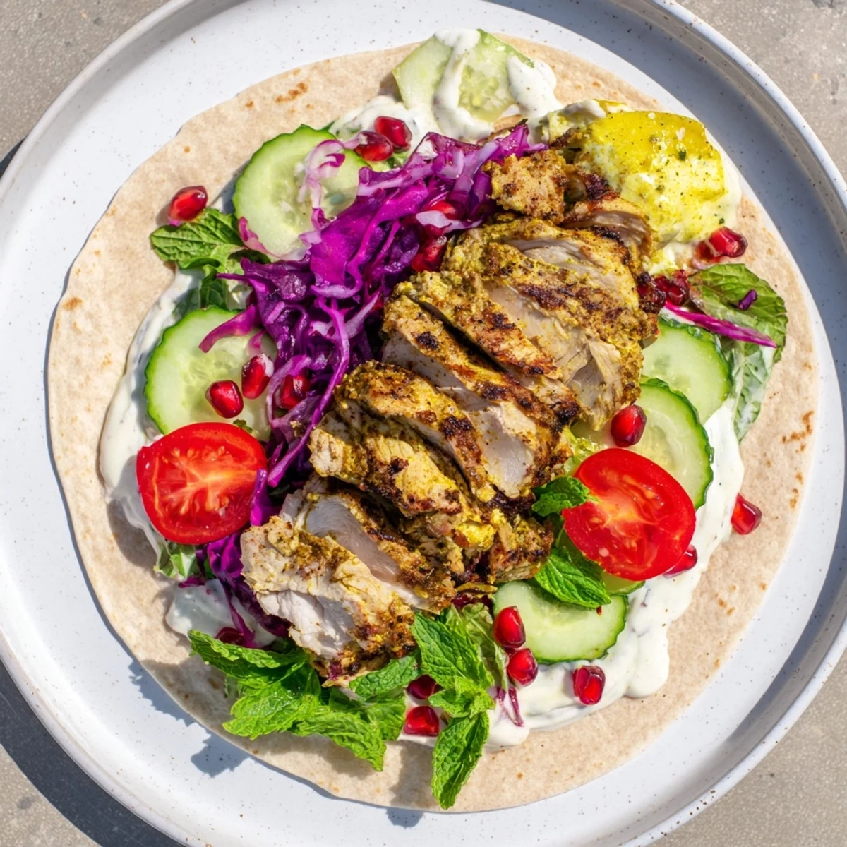 Close-up of a festive Greek Yogurt Chicken Shawarma Christmas wrap, piled high with colorful holiday fillings.