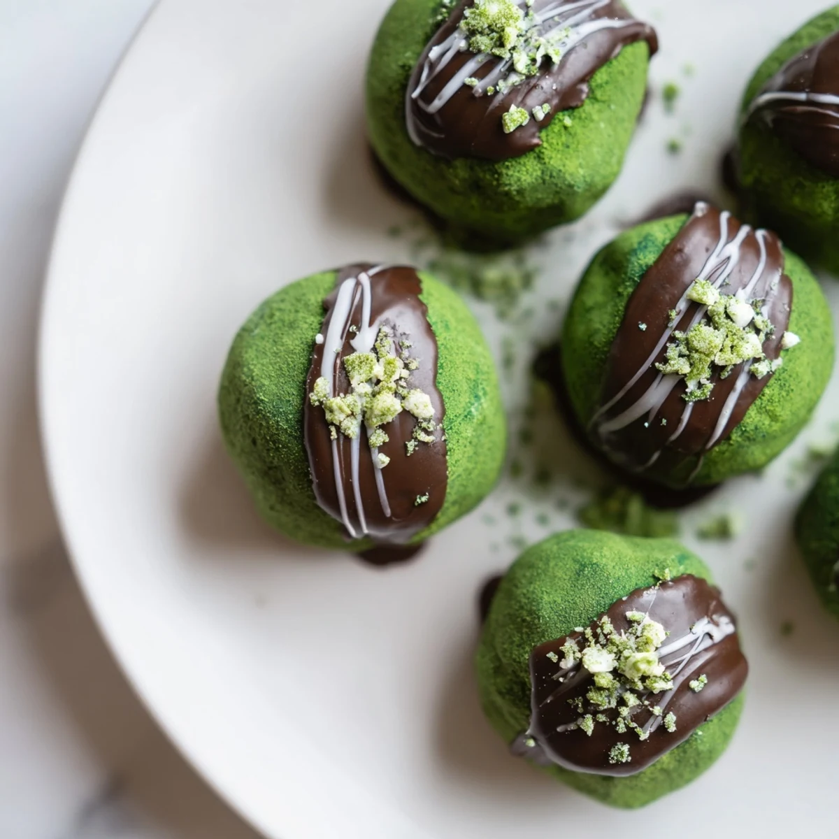 Matcha Dark Chocolate Peppermint Truffles, coated in vibrant green matcha and ready to serve.