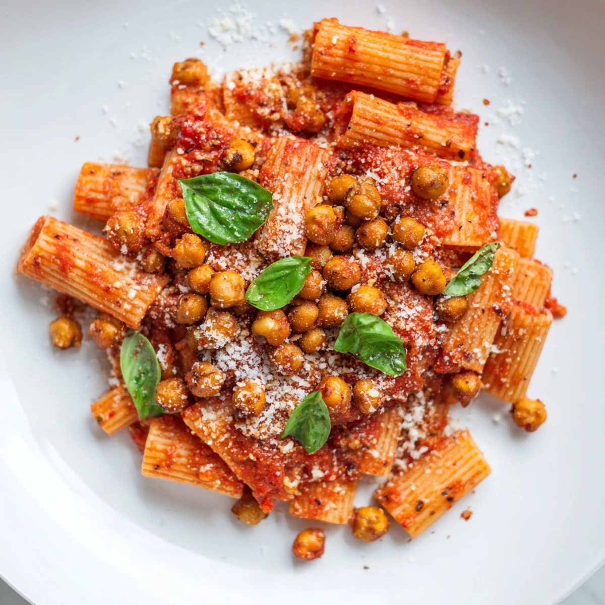 The delicious aroma of Spicy Arrabbiata Roasted Chickpea Crunch Pasta fills the air, ready to be enjoyed.