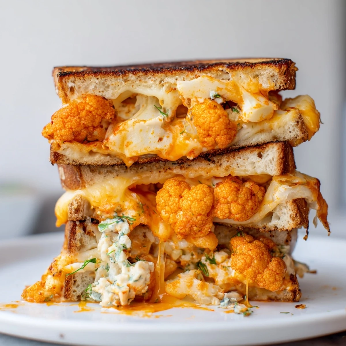 Buffalo Cauliflower Ranch Grilled Cheese with melted cheese oozing between golden crusty bread.