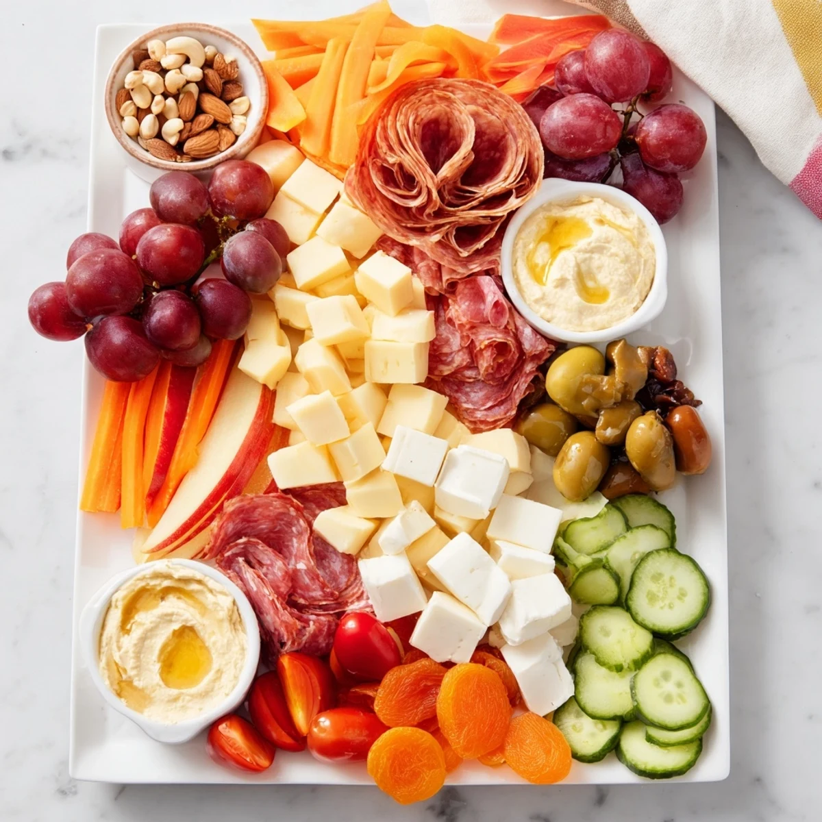 Picnic Basket Snack Board featuring cheeses, meats and fresh fruits, ready for sharing outdoors.
