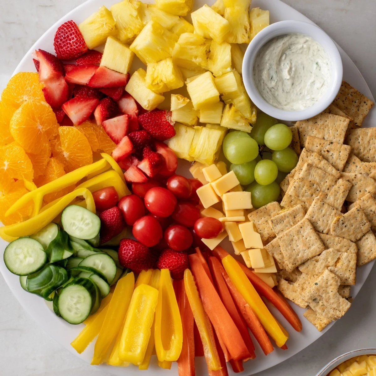 Sunshine Snack Tray laden with colorful fruits, veggies, cheeses, and dips, ready to serve and enjoy.