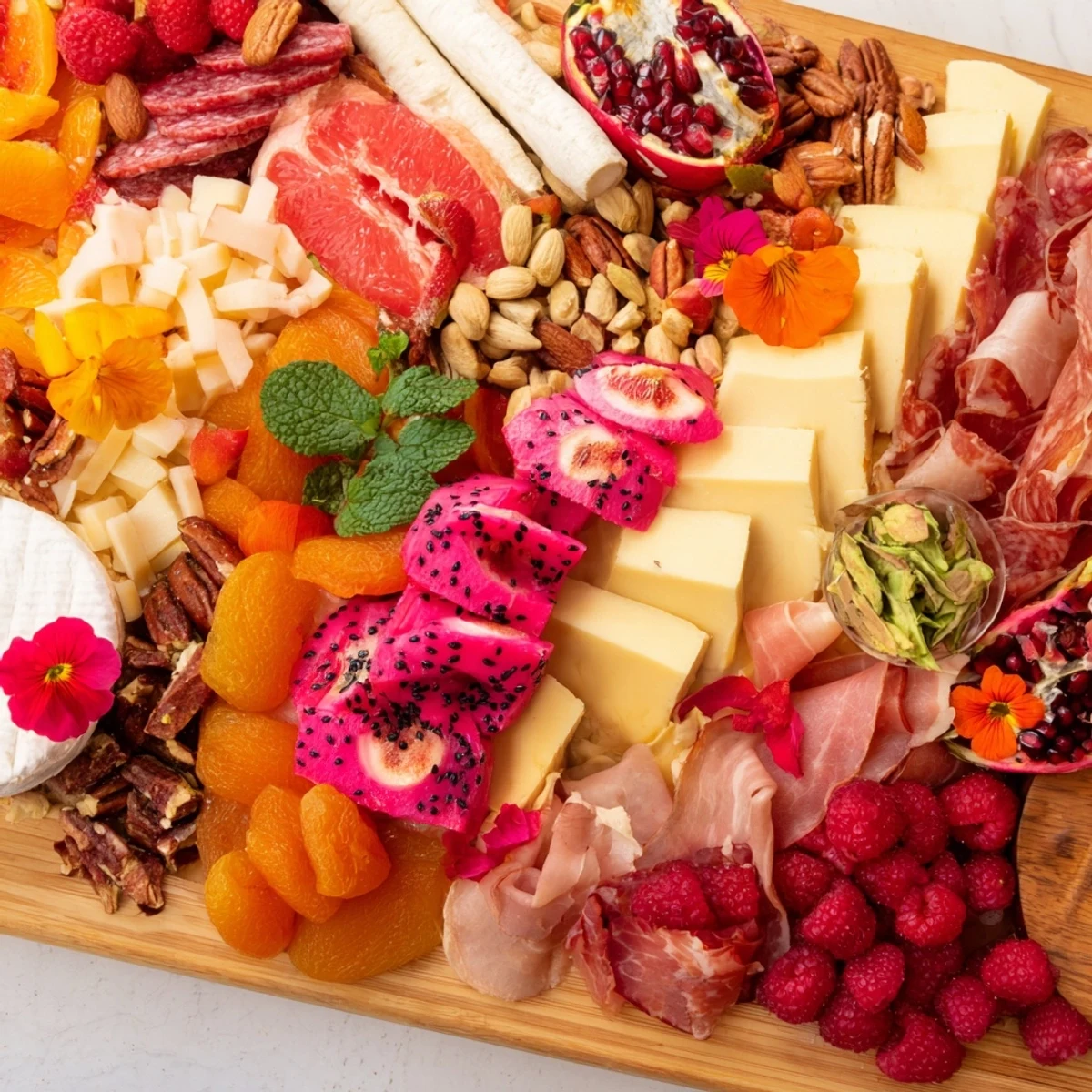 Vibrant Flamingo Paradise Board with fresh fruits, cheeses and charcuterie ready to enjoy.
