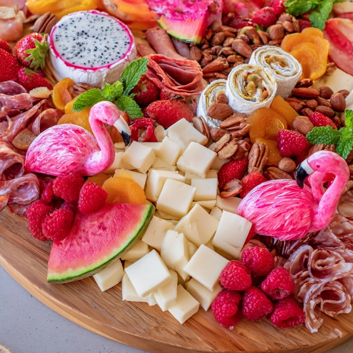 Festive Flamingo Paradise Board, full of delicious fruits, cheeses, and meats for party.