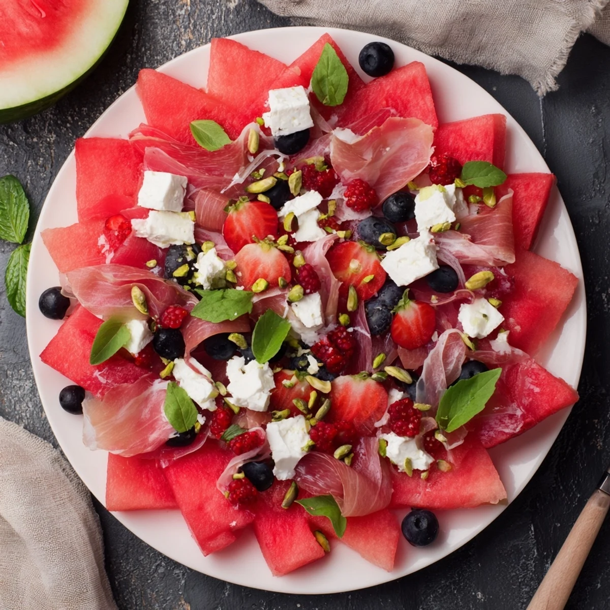 Beautiful, summery Watermelon Slice Charcuterie arranged with fresh berries, salty feta, and prosciutto, ready to enjoy.
