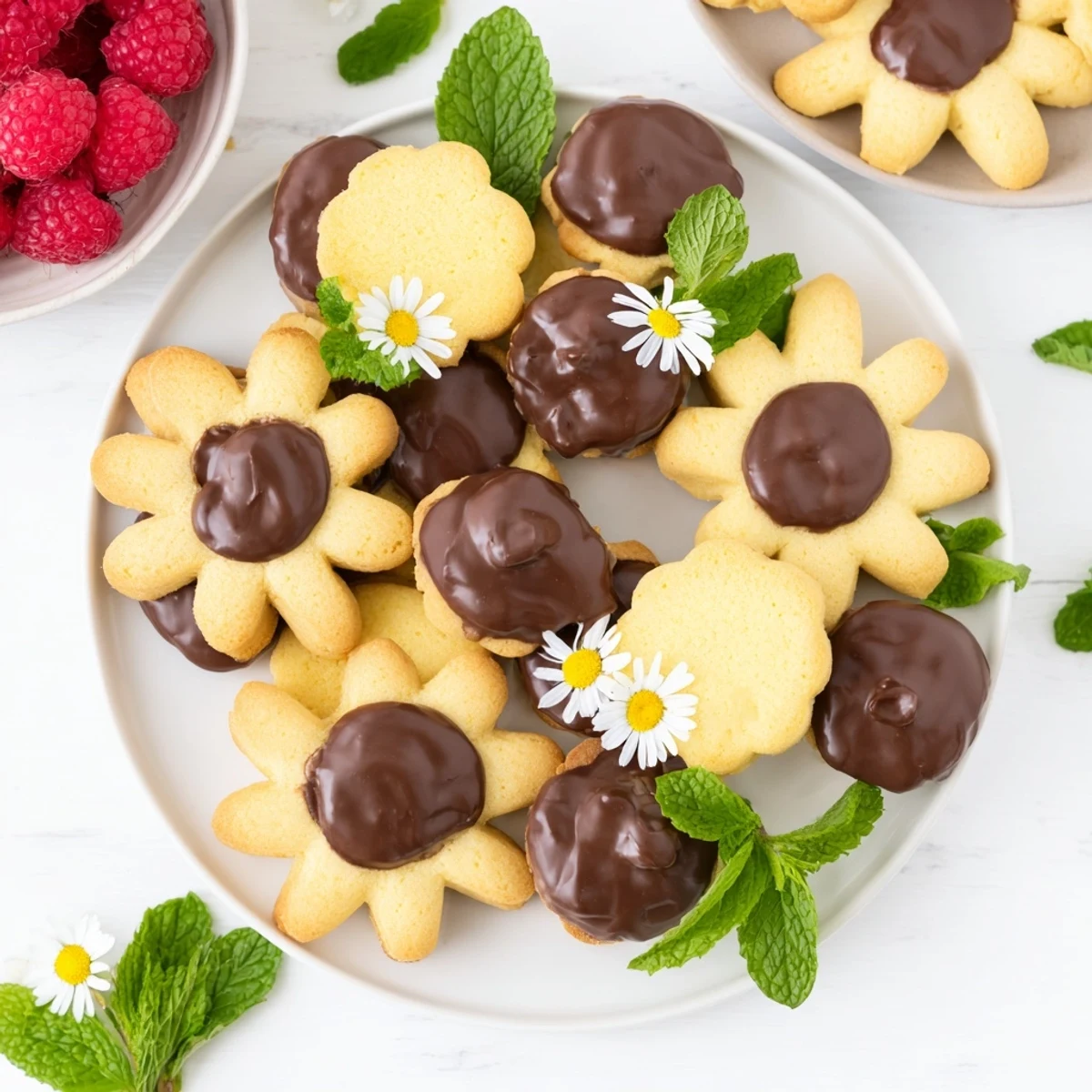 A beautiful Daisy Chain Dessert Tray displays mini desserts, including shortbread and ganache bites.