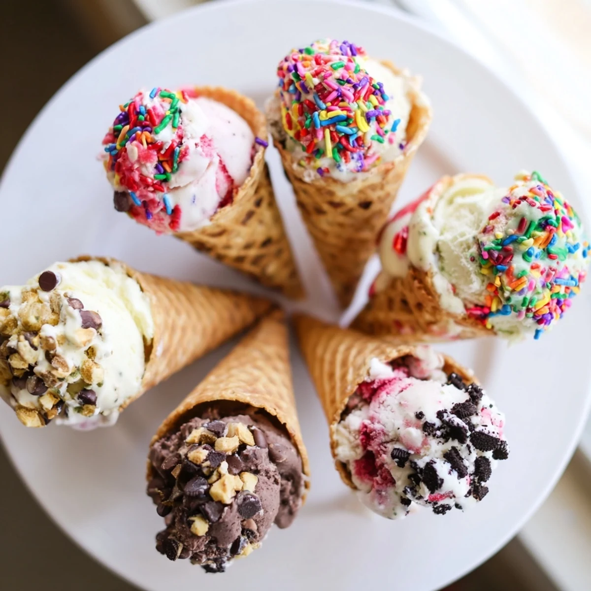 An inviting ice cream cone grazing board overflowing with colorful ice cream cones and delightful toppings.