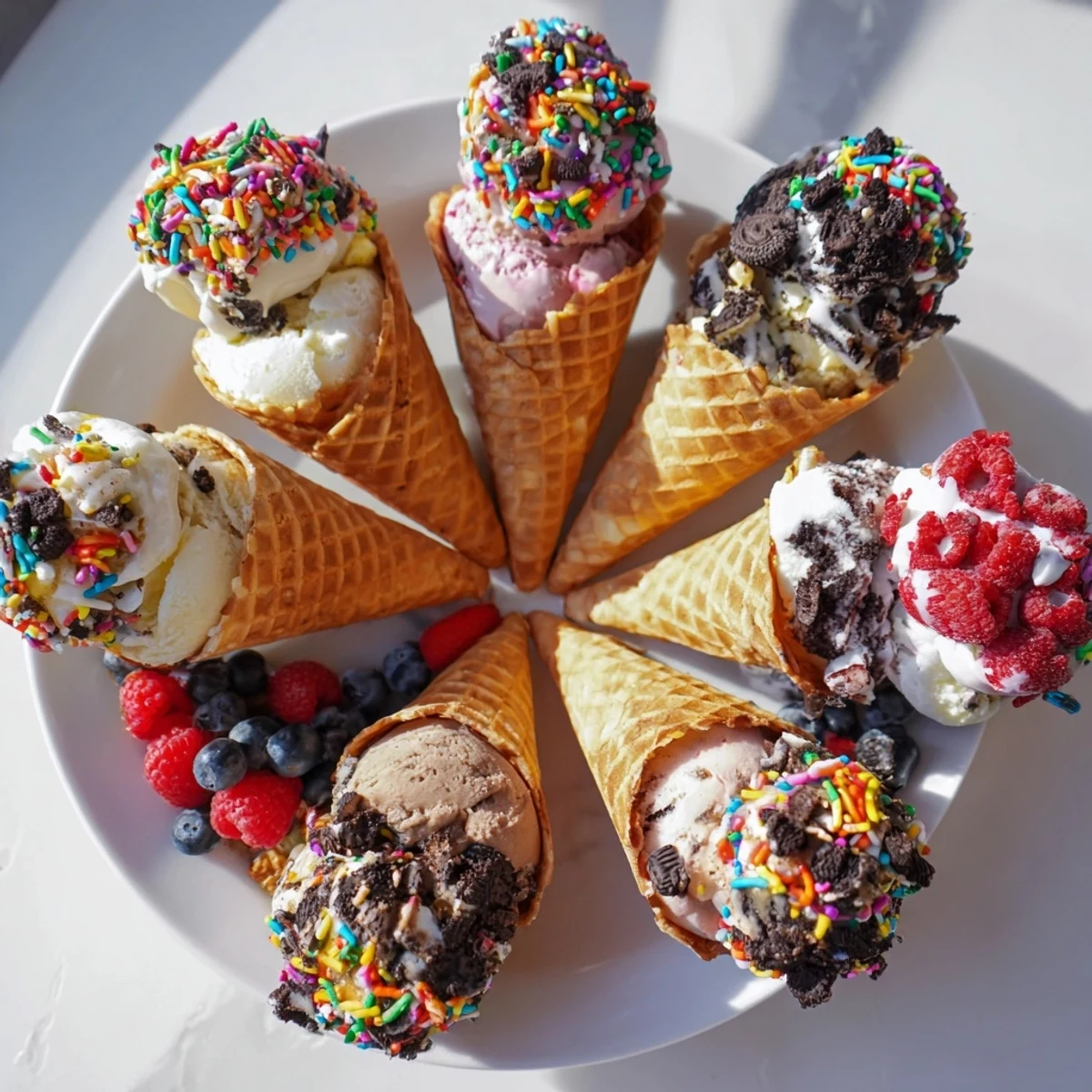 Summer party idea: This ice cream cone grazing board features various ice cream flavors ready to enjoy.