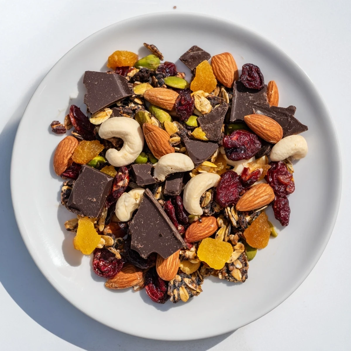 This image shows a bowl of the colorful and crunchy Mountain High Adventure Snack Mix, ready to eat!
