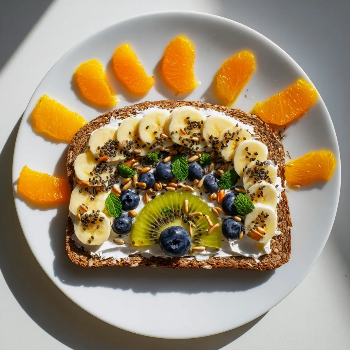 Colorful and nutritious Morning Sun Breakfast Toast, featuring banana suns and berry rays on spreads, ready to eat.