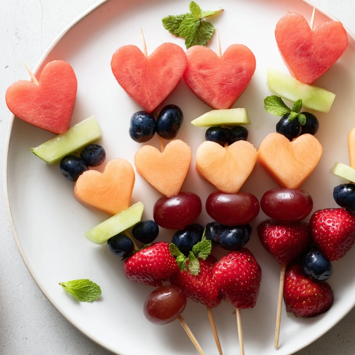These refreshing Berry Good Heart Fruit Skewers feature bright red strawberries and juicy melon hearts on skewers.