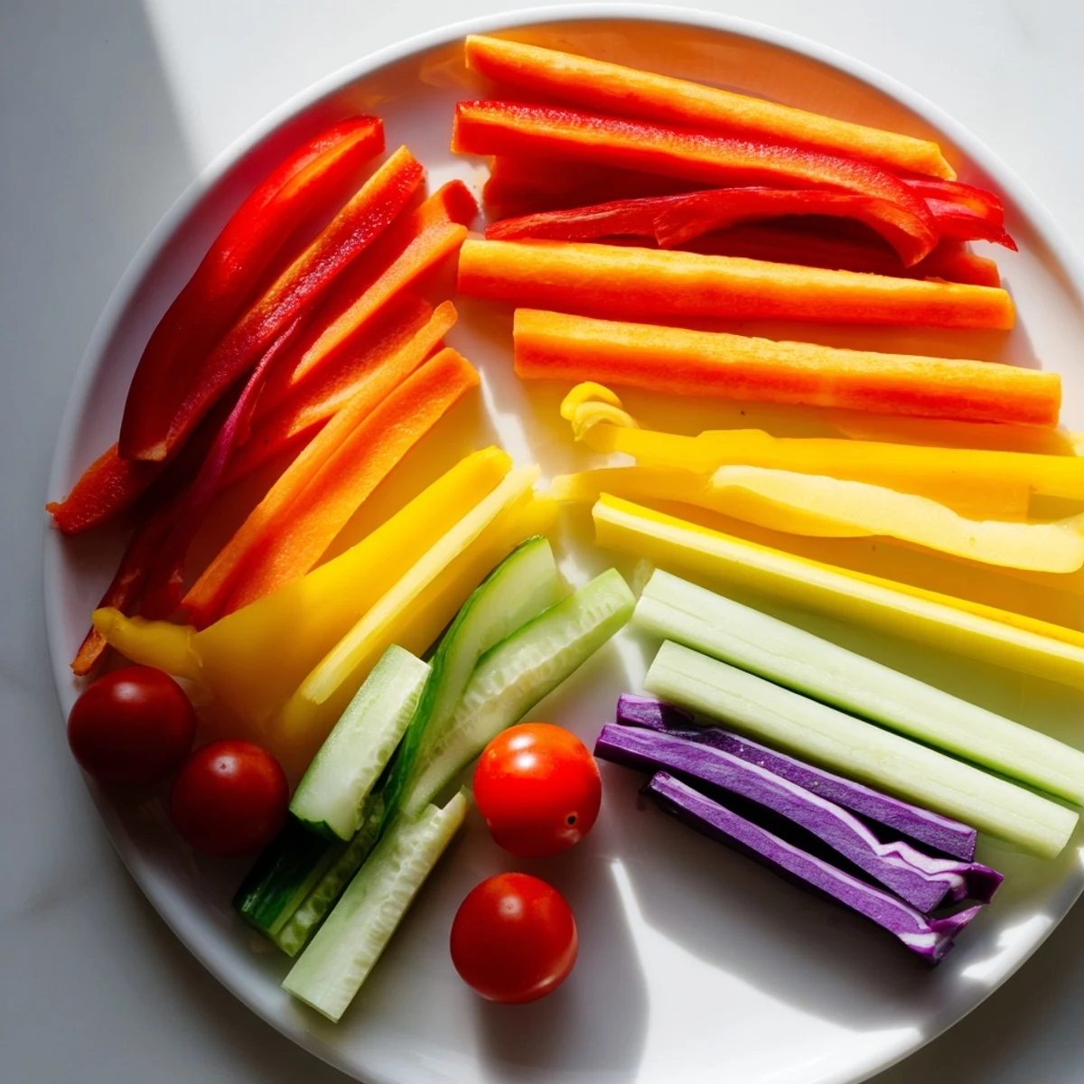 Rainbow Arch Bright Veggie Sticks: A colorful array of fresh, crunchy vegetables served as a healthy and vibrant snack.