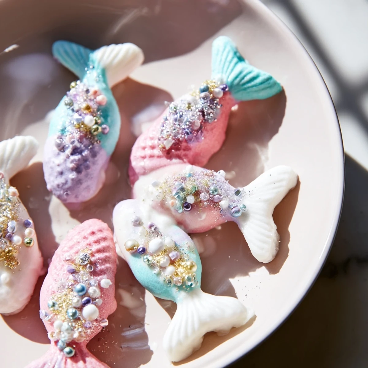 Mignardises Queue de Sirène, pastel-colored madeleines dipped in white chocolate, bursting with shimmering mermaid magic.