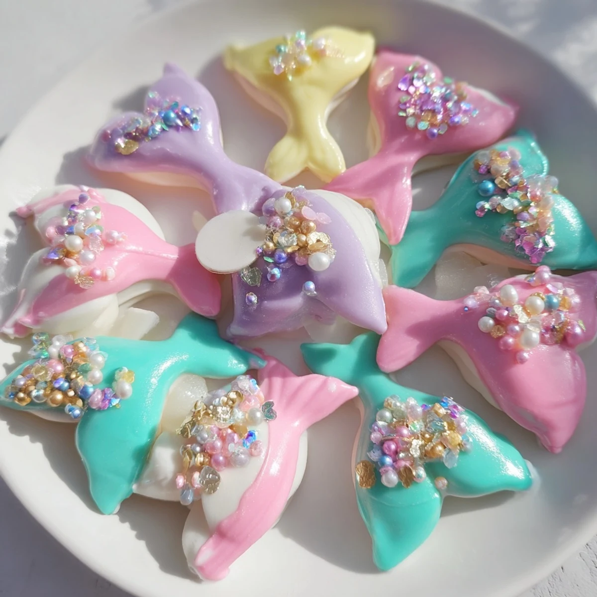 Delicate Mignardises Queue de Sirène: a delightful display of pastel mermaid tail cookies, perfect for tea.