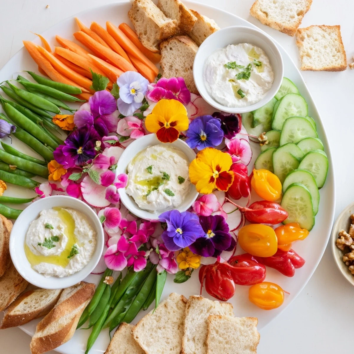 A vibrant fairy garden platter with edible flowers, crunchy veggies, and creamy dips.
